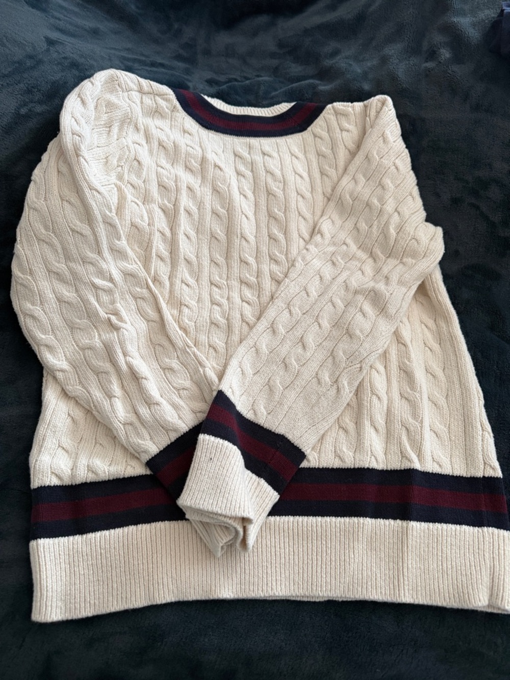 Polo Ralph Lauren Cream Cable-Knit V-Neck Sweater with Navy & Burgundy Trim Boys - Picture 5 of 8